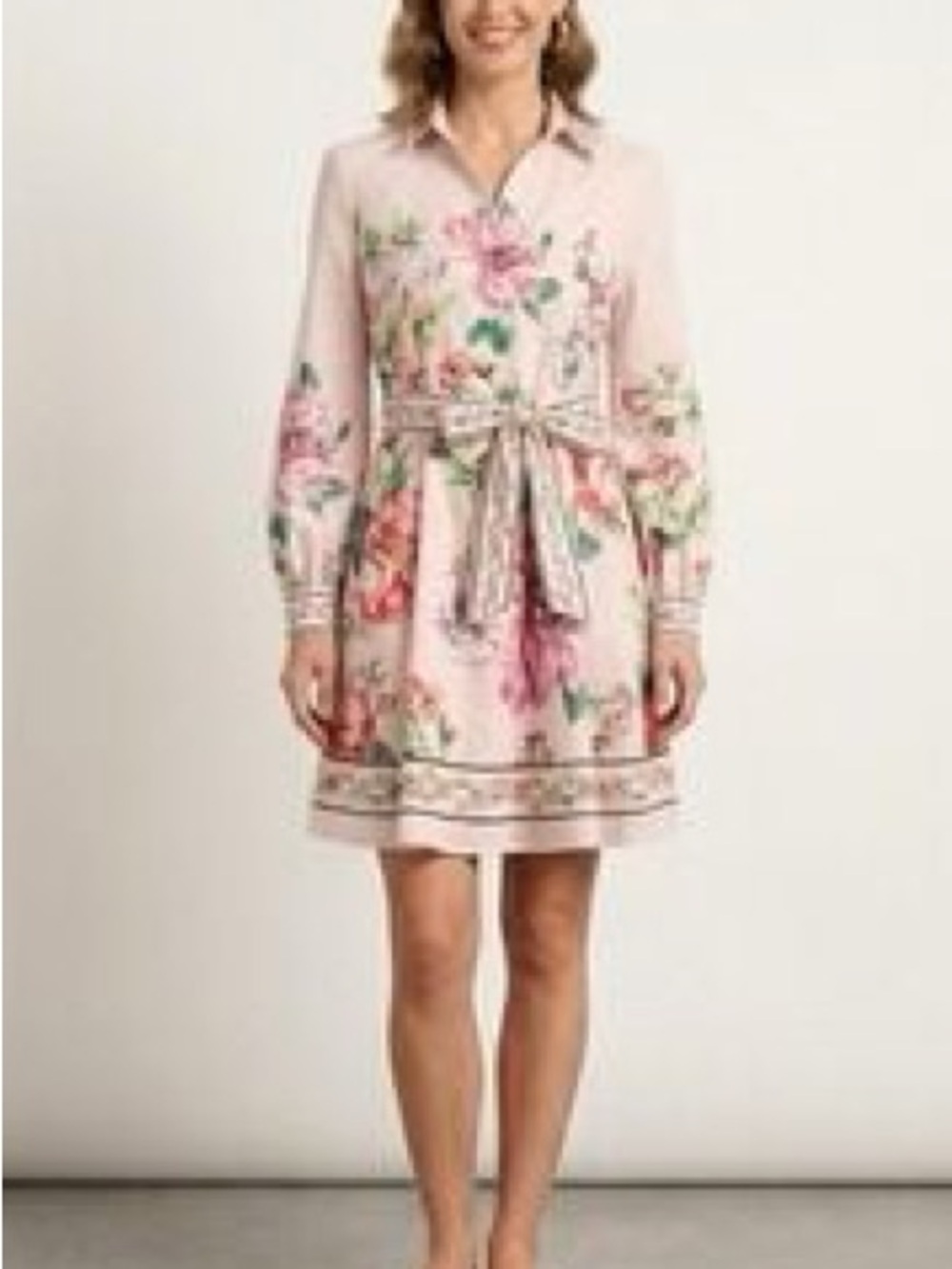 DALIA MACPHEE Floral Belted A Line Shirt Dress M Pink Multi Collared Long Sleeve